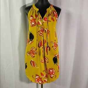 C&E Golden Yellow Multicolor Floral Print Sleeveless Tie Neck Dress